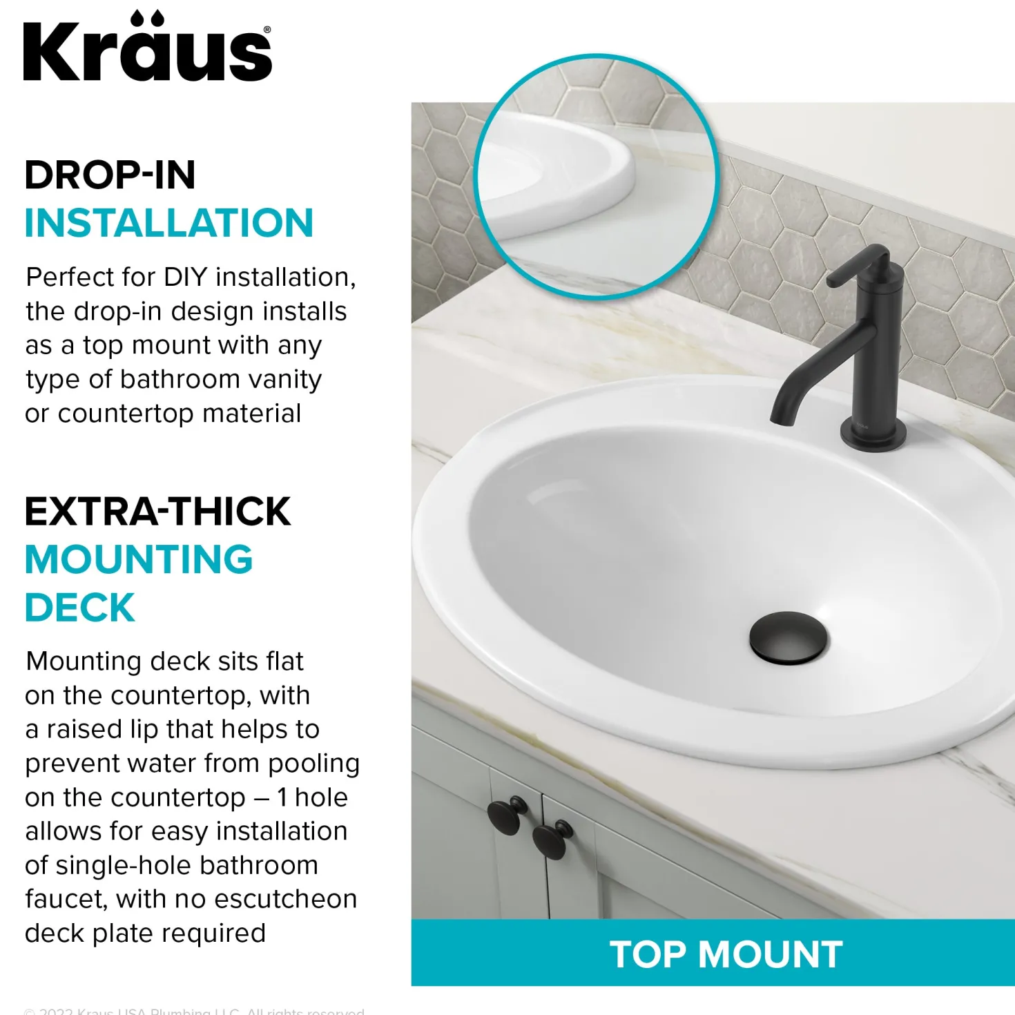 KRAUS Elavo 22" Oval Porcelain Drop In Bathroom Sink in White
