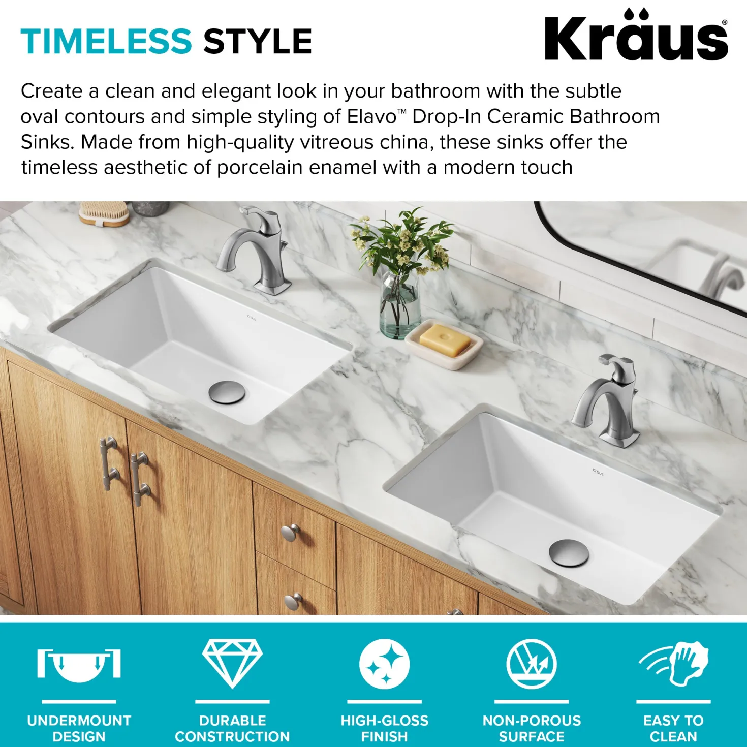 KRAUS Elavo 21-1/8" Rectangular Porcelain Undermount Bathroom Sink in White