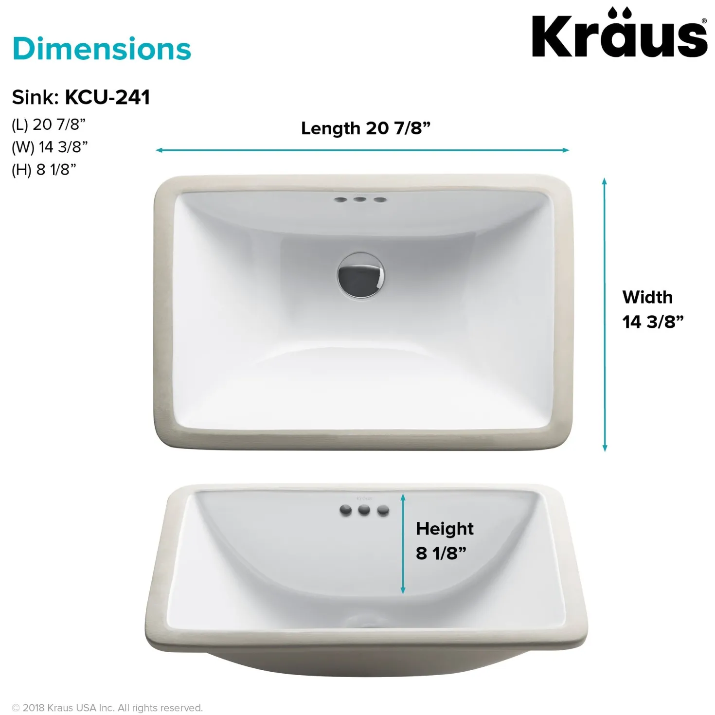 KRAUS Elavo 21" Rectangular Undermount White Porcelain Bathroom Sink with Overflow (2-Pack)