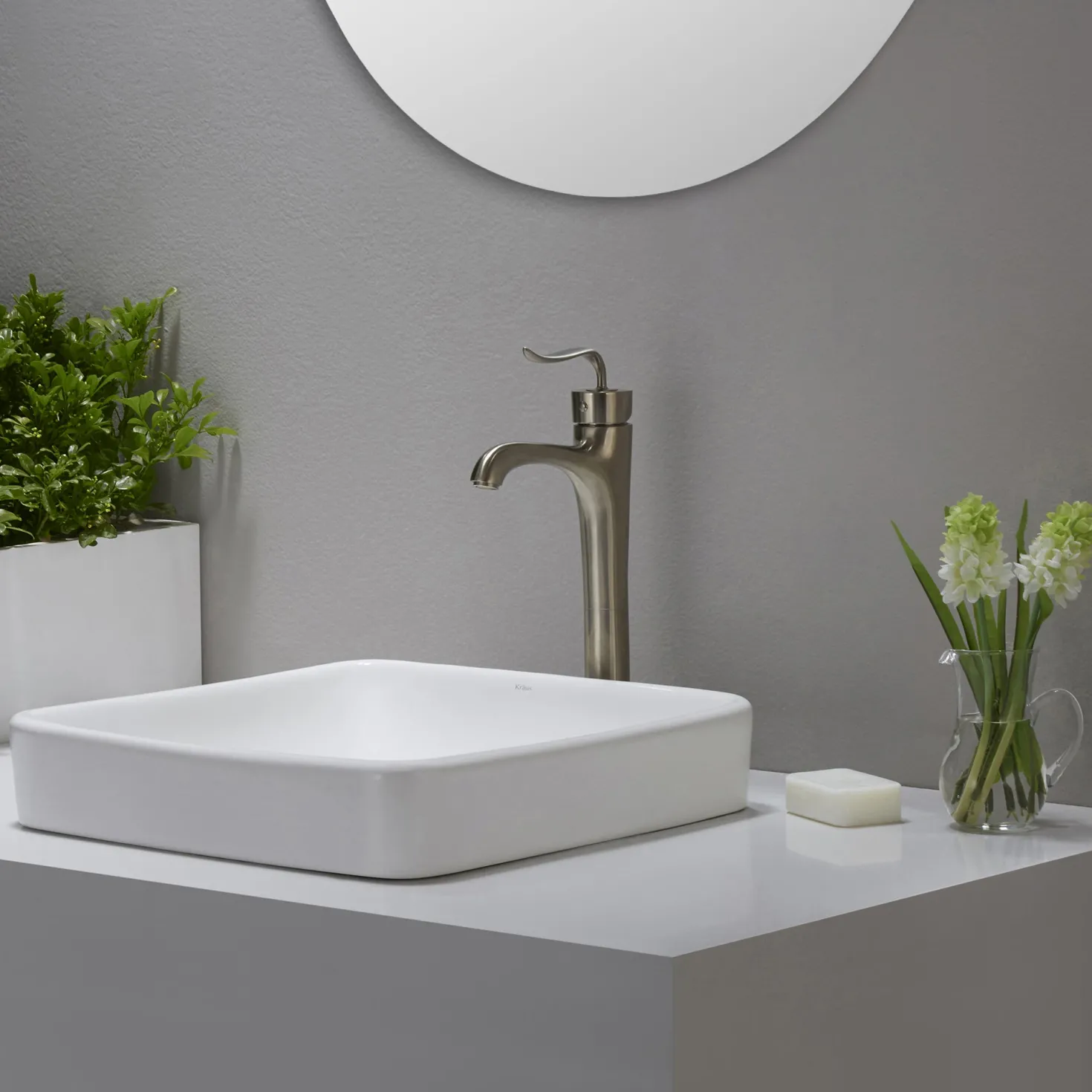KRAUS Elavo Series Square Ceramic Semi-Recessed Bathroom Sink in White with Overflow