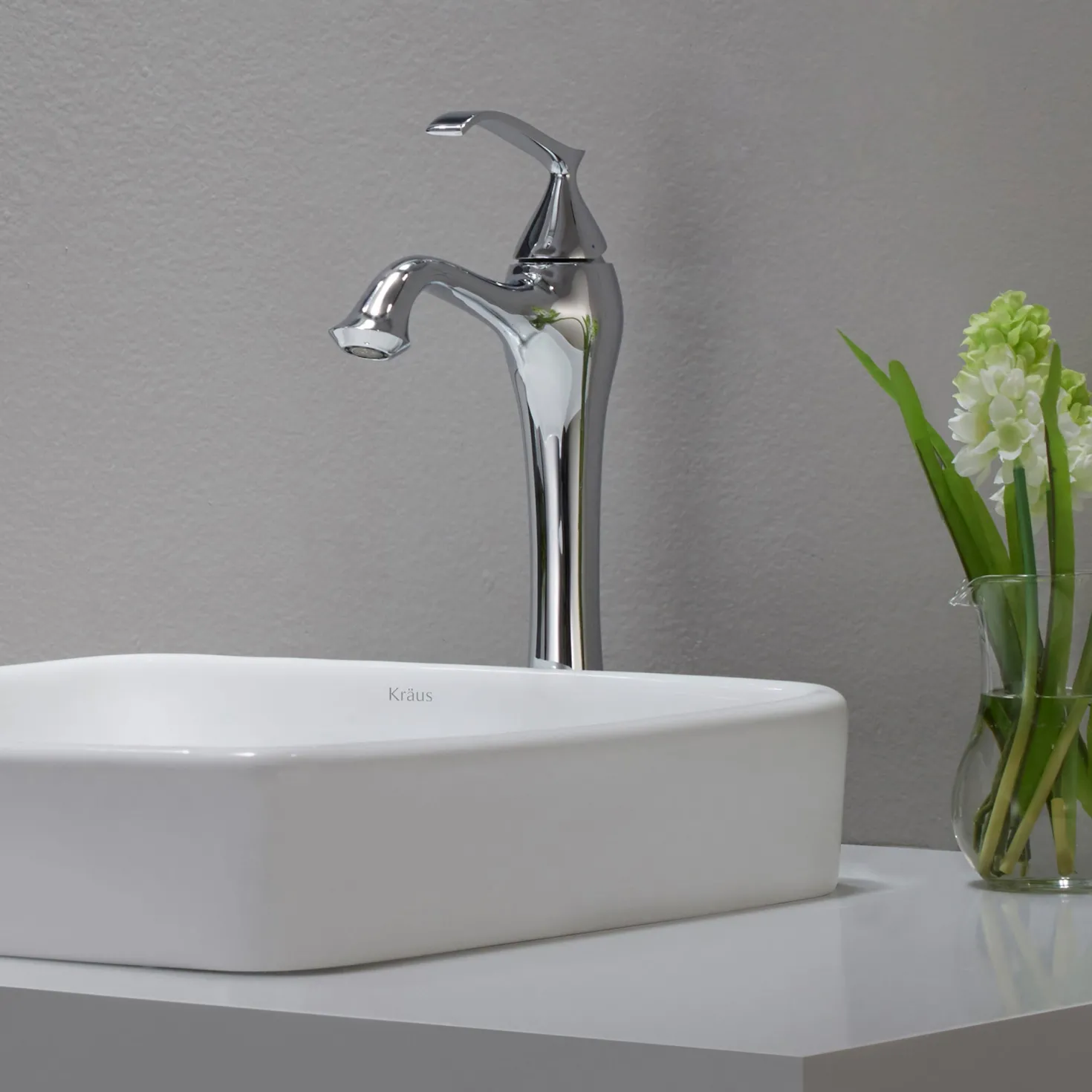 KRAUS Elavo Series Square Ceramic Semi-Recessed Bathroom Sink in White with Overflow