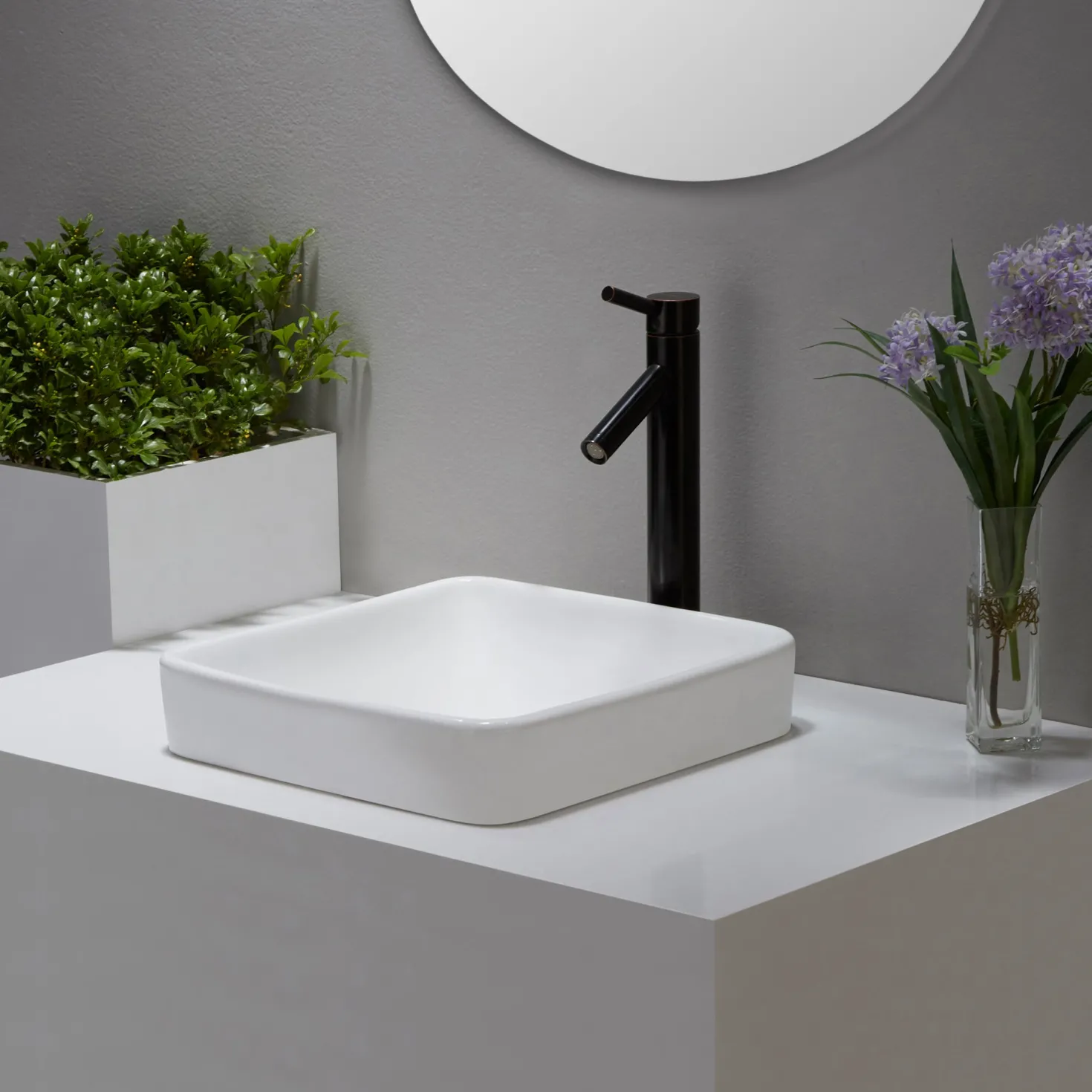 KRAUS Elavo Series Square Ceramic Semi-Recessed Bathroom Sink in White with Overflow