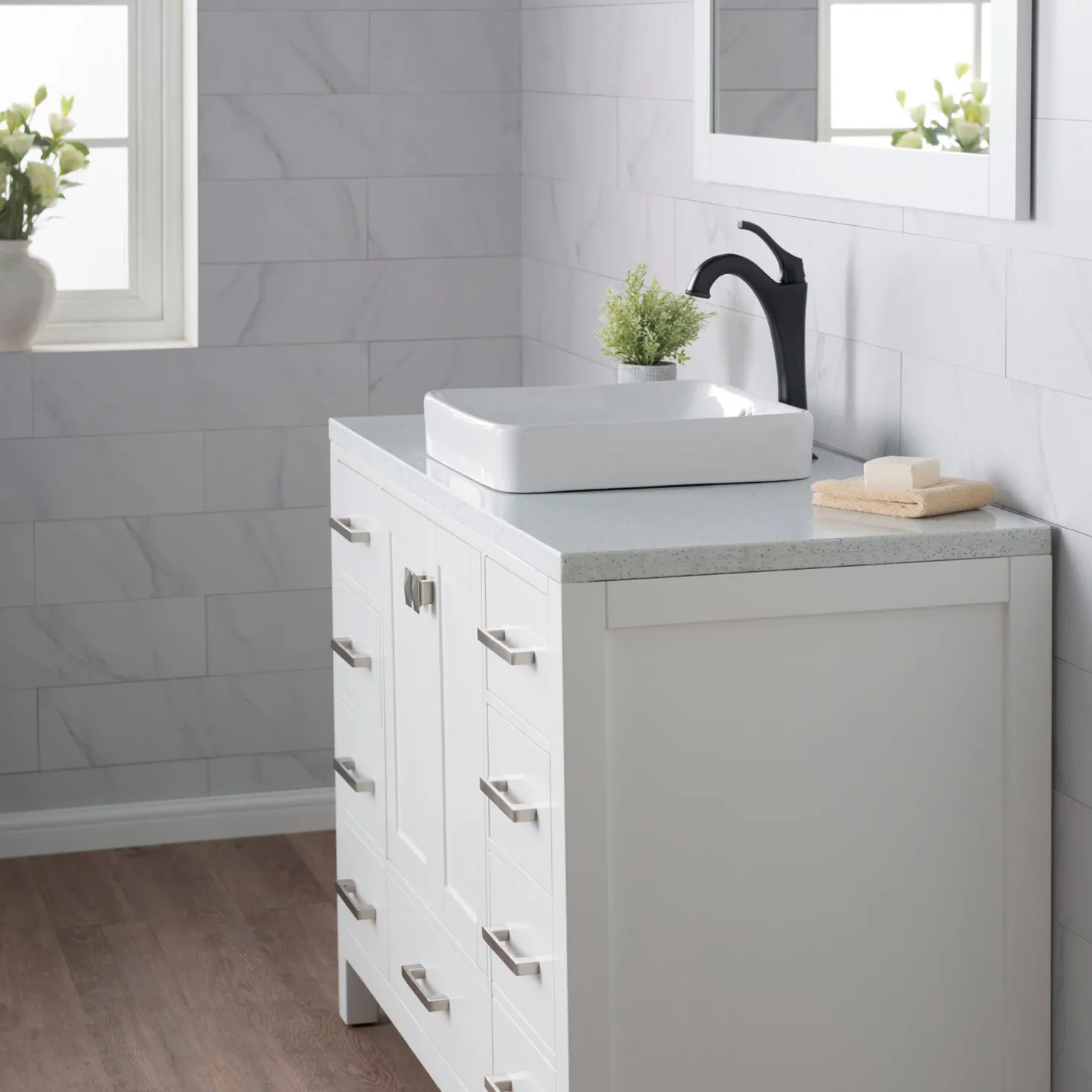 KRAUS Elavo Series Square Ceramic Semi-Recessed Bathroom Sink in White with Overflow