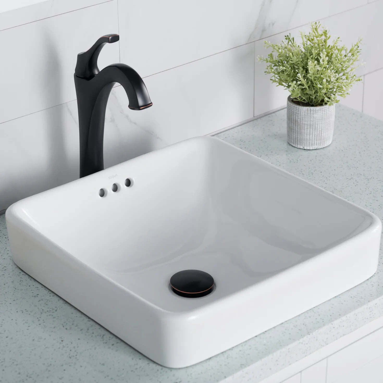 KRAUS Elavo Series Square Ceramic Semi-Recessed Bathroom Sink in White with Overflow