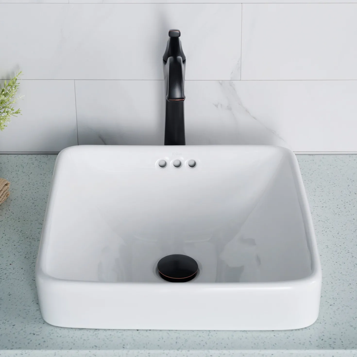 KRAUS Elavo Series Square Ceramic Semi-Recessed Bathroom Sink in White with Overflow