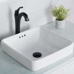KRAUS Elavo Square Semi-Recessed Vessel White Porcelain Bathroom Sink with Overflow, 16 1/2
