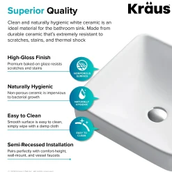 KRAUS Elavo Square Semi-Recessed Vessel White Porcelain Bathroom Sink with Overflow, 16 1/2
