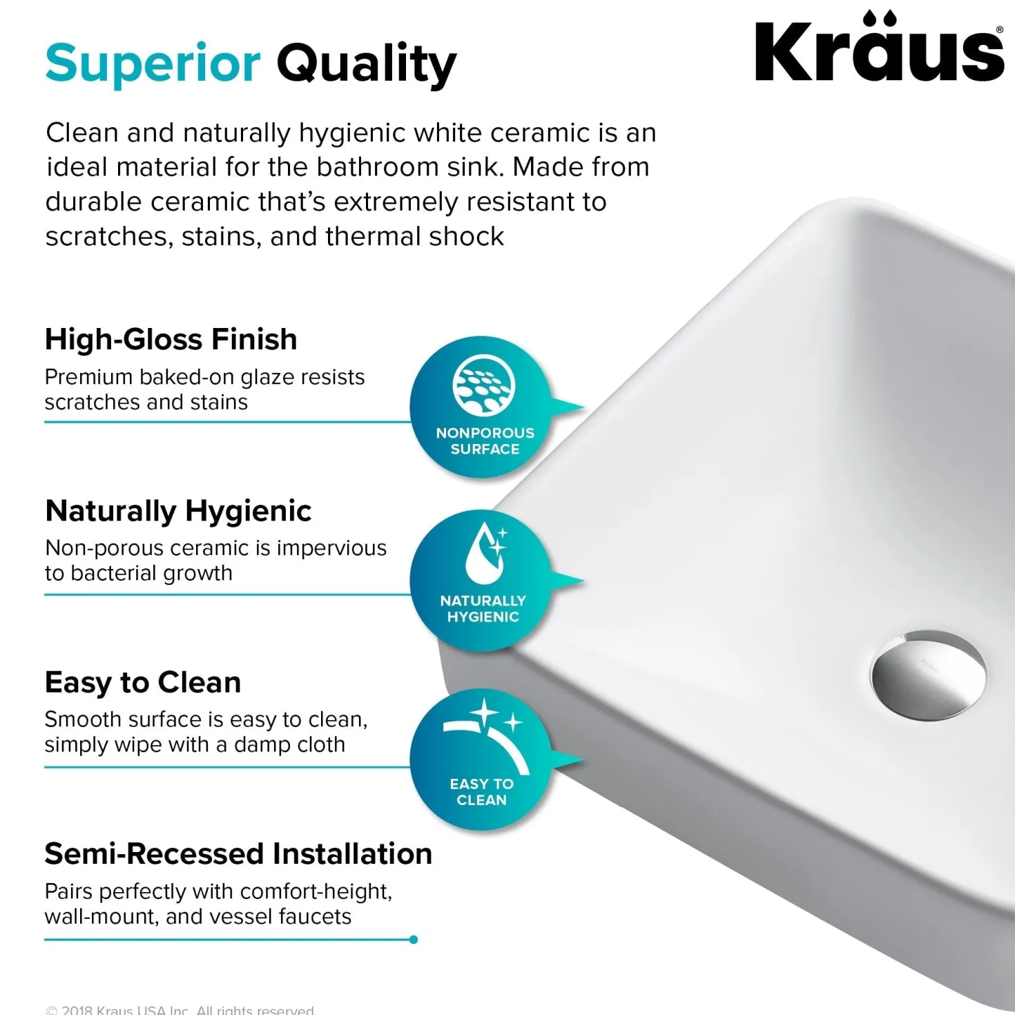 KRAUS Elavo Square Semi-Recessed Vessel White Porcelain Bathroom Sink with Overflow, 16 1/2 " (2-Pack)