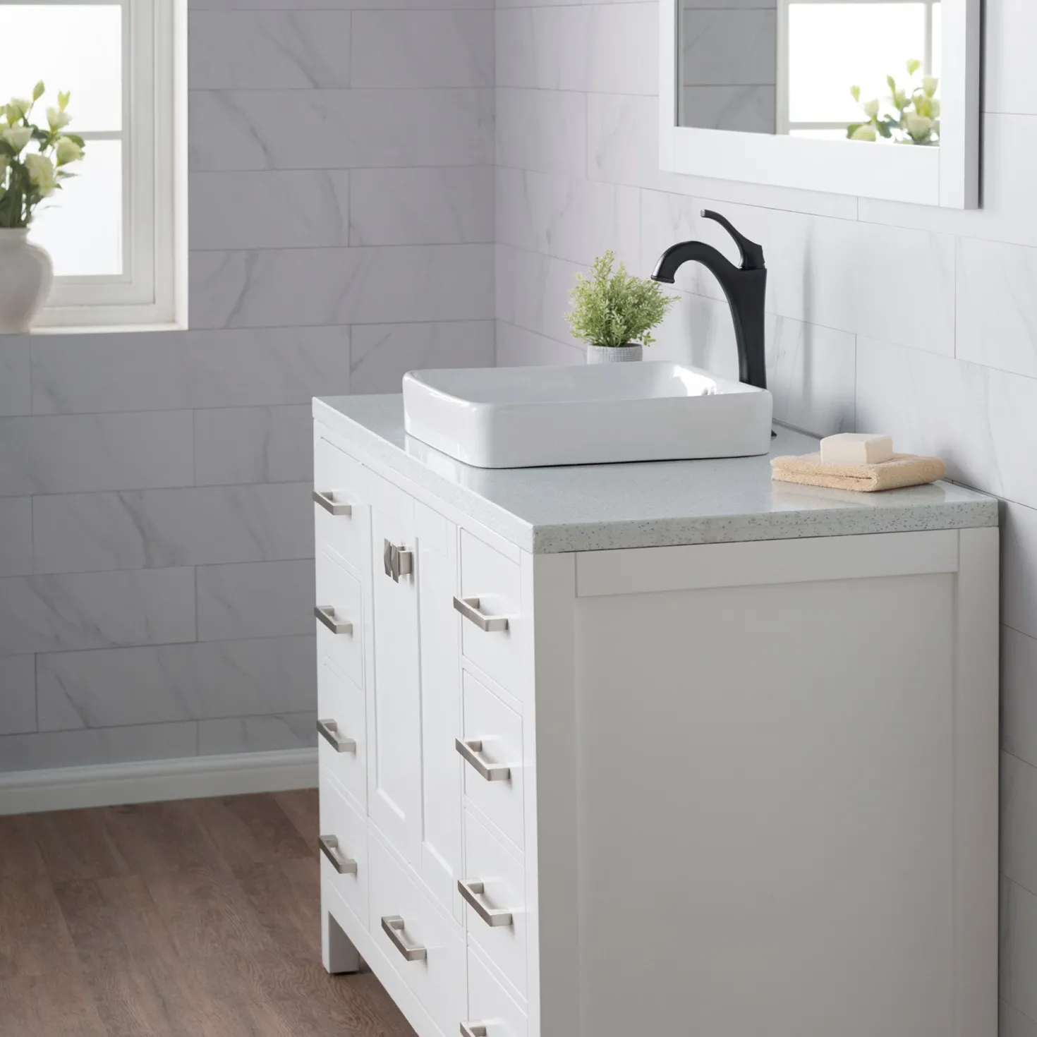 KRAUS Elavo Square Semi-Recessed Vessel White Porcelain Bathroom Sink with Overflow, 16 1/2 " (2-Pack)