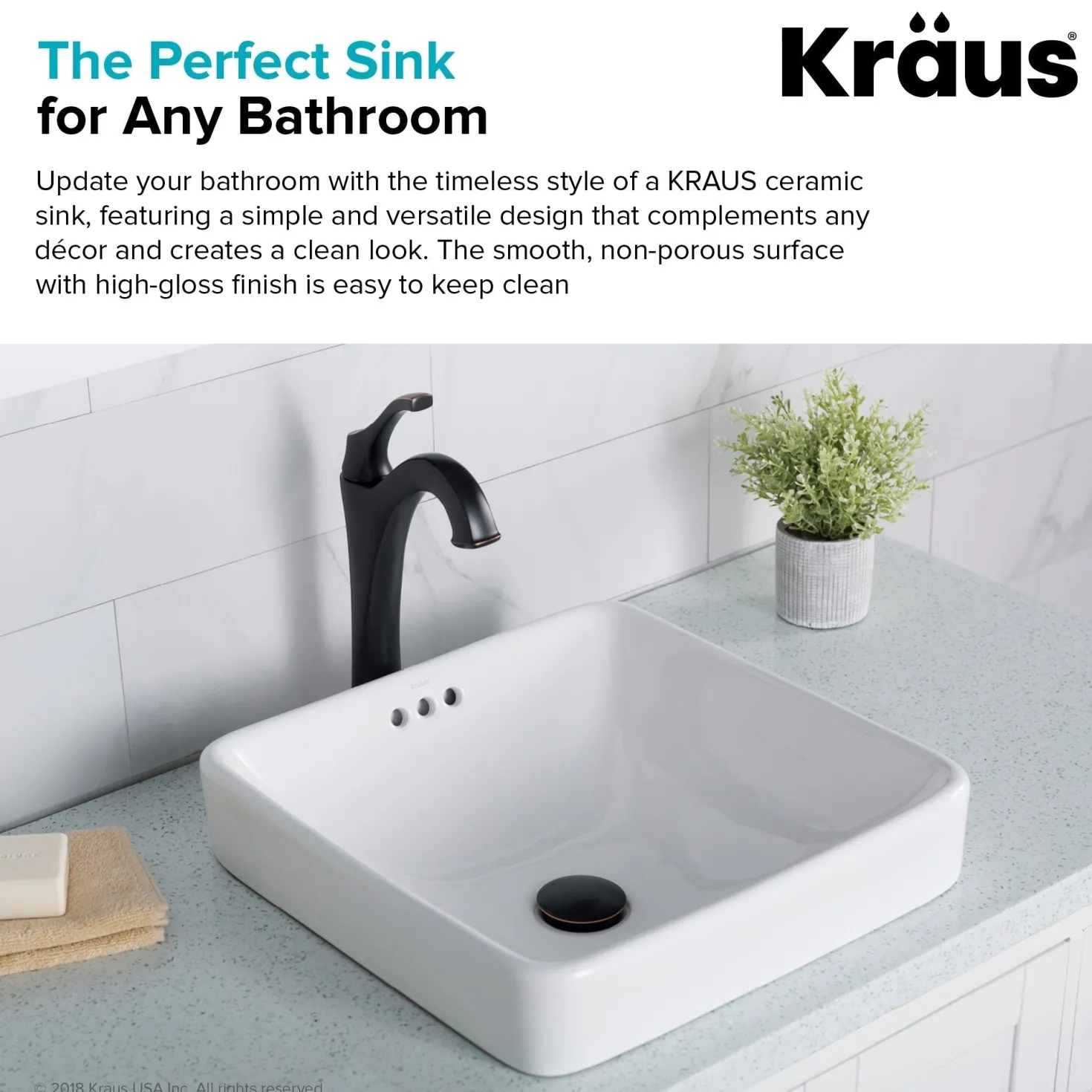 KRAUS Elavo Square Semi-Recessed Vessel White Porcelain Bathroom Sink with Overflow, 16 1/2 " (2-Pack)