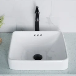 KRAUS Elavo Square Semi-Recessed Vessel White Porcelain Bathroom Sink with Overflow, 16 1/2