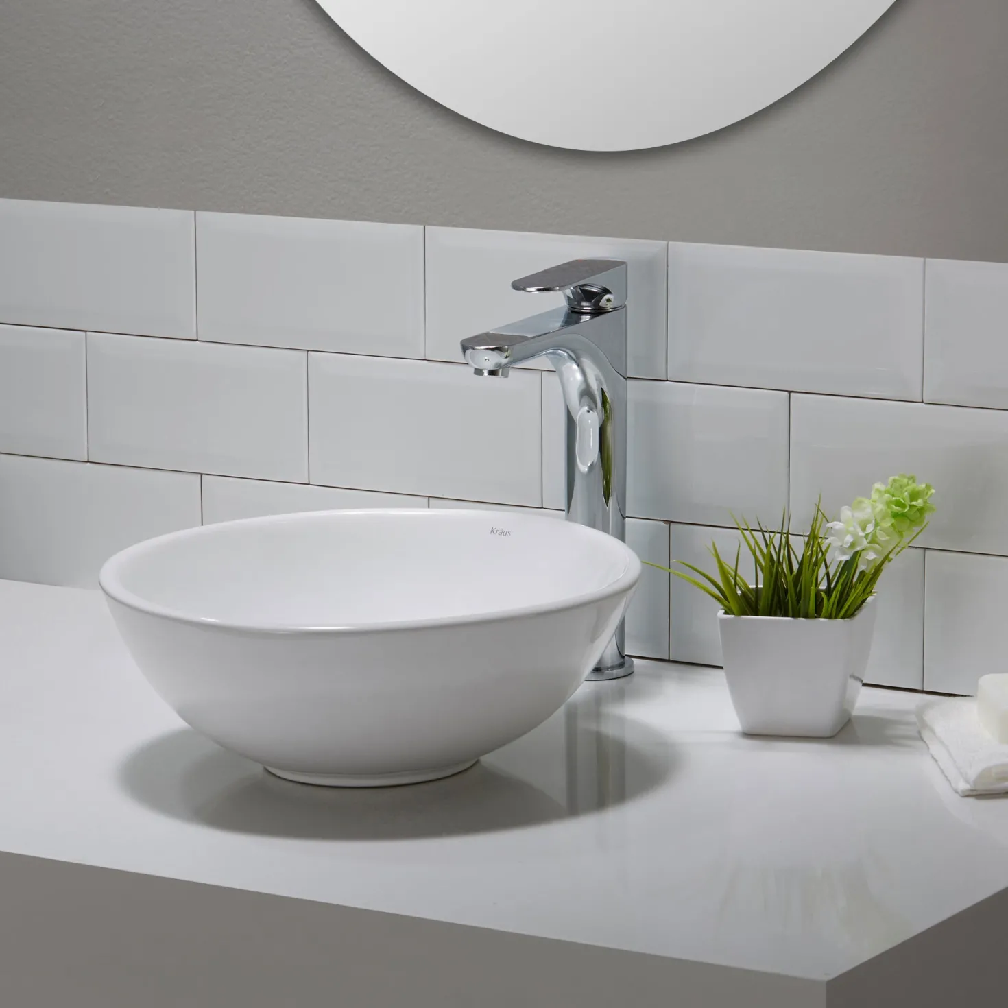 KRAUS ElavoWhite Ceramic Small Round Vessel Bathroom Sink & Pop Up drain