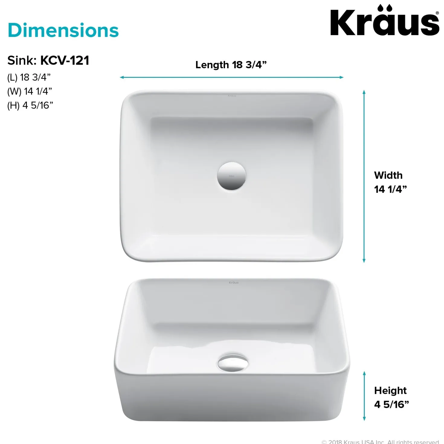 KRAUS Elavo 19" White Rectangular Porcelain Bathroom Vessel Sink with Ramus Single Handle Vessel Bathroom Sink Faucet with Pop-Up Drain