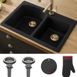KRAUS Forteza 33" Dual Mount 60/40 Double Bowl Granite Kitchen Sink in Black