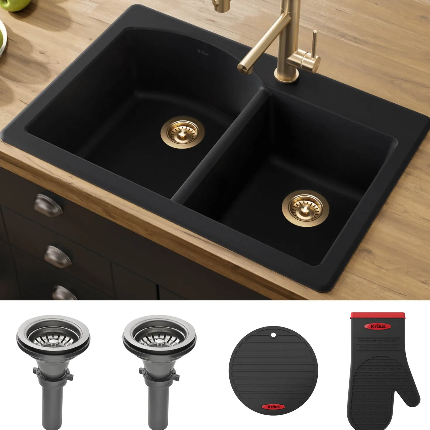 KRAUS Forteza 33" Dual Mount 60/40 Double Bowl Granite Kitchen Sink in Black
