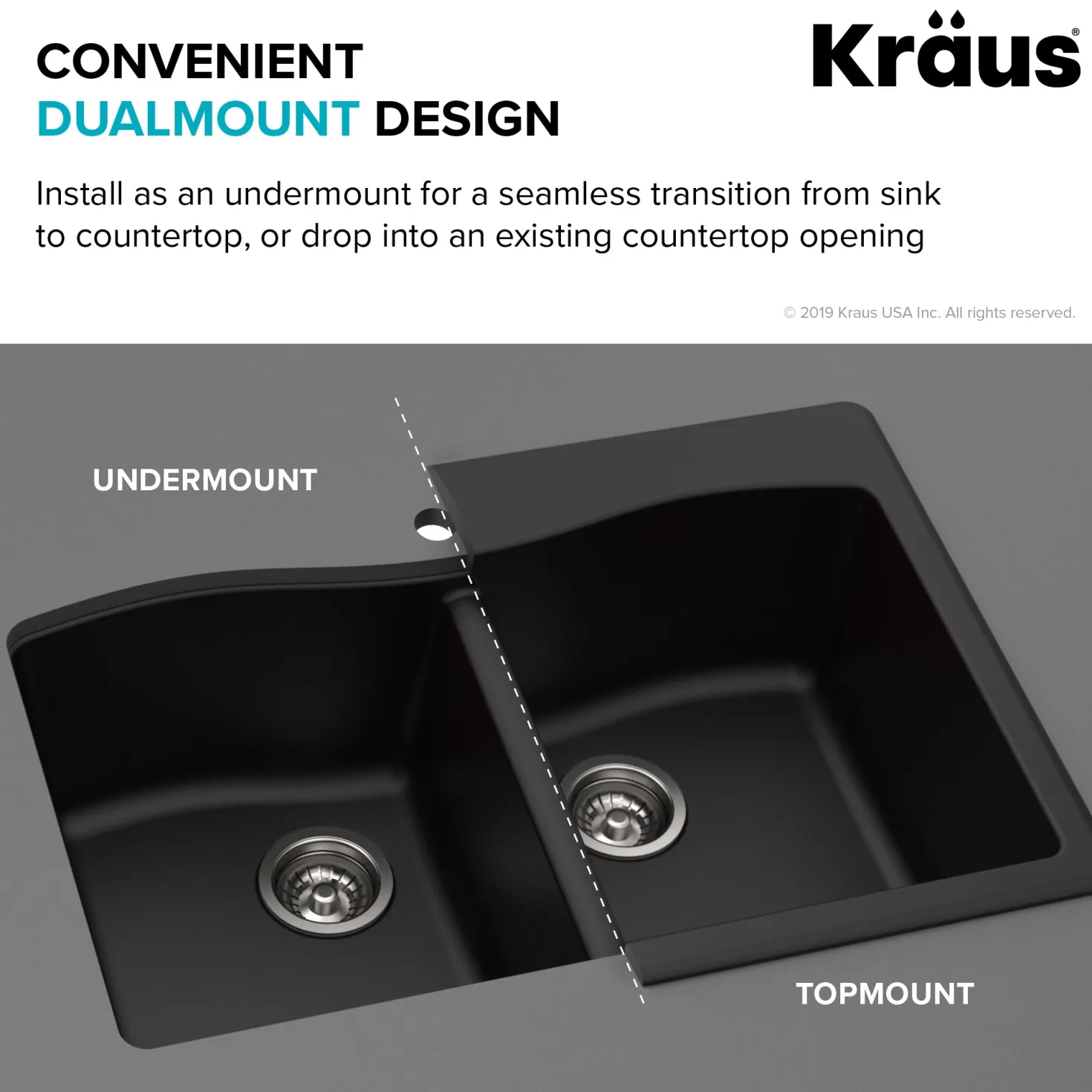 KRAUS Forteza 33" Dual Mount 60/40 Double Bowl Granite Kitchen Sink in Black