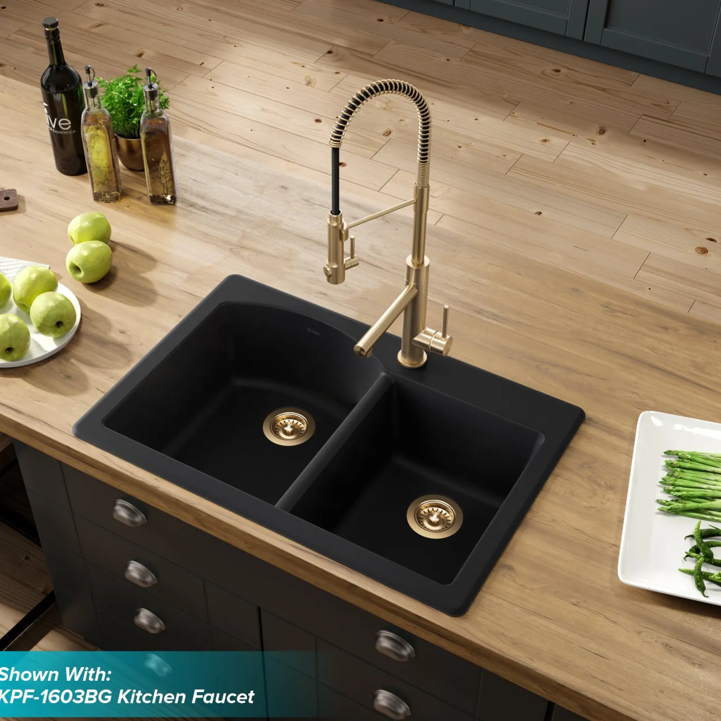 KRAUS Forteza 33" Dual Mount 60/40 Double Bowl Granite Kitchen Sink in Black
