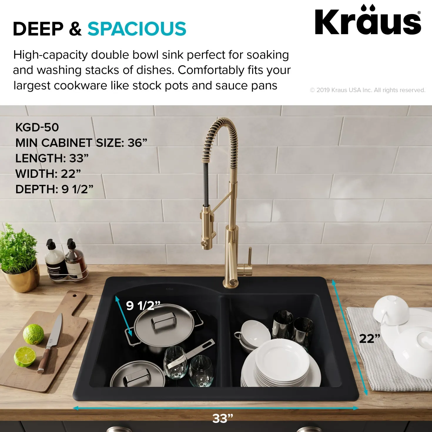KRAUS Forteza 33" Dual Mount 60/40 Double Bowl Granite Kitchen Sink in Black