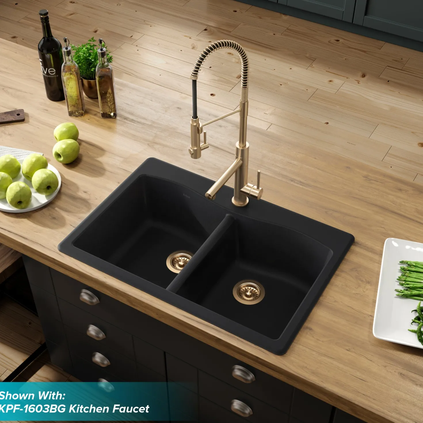 KRAUS Forteza 33" Dual Mount 50/50 Double Bowl Granite Kitchen Sink in Black