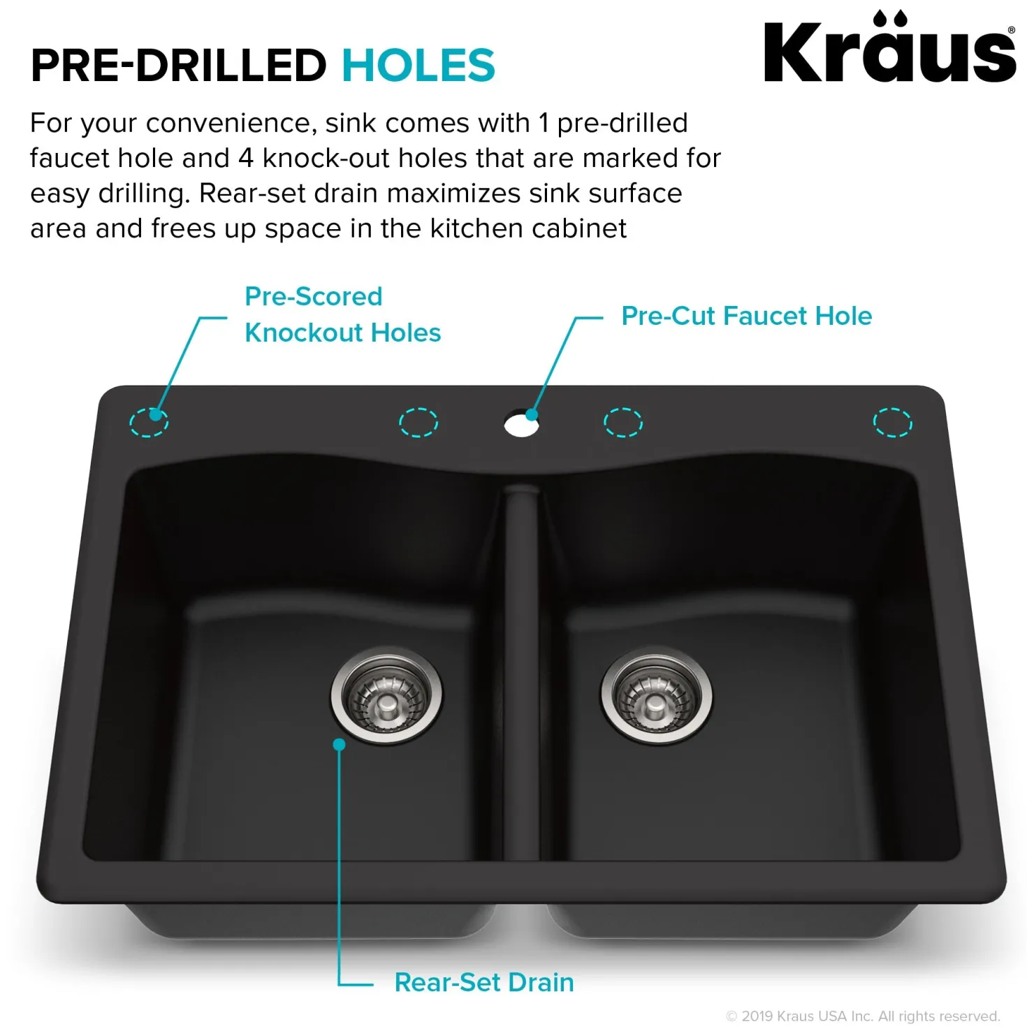 KRAUS Forteza 33" Dual Mount 50/50 Double Bowl Granite Kitchen Sink in Black