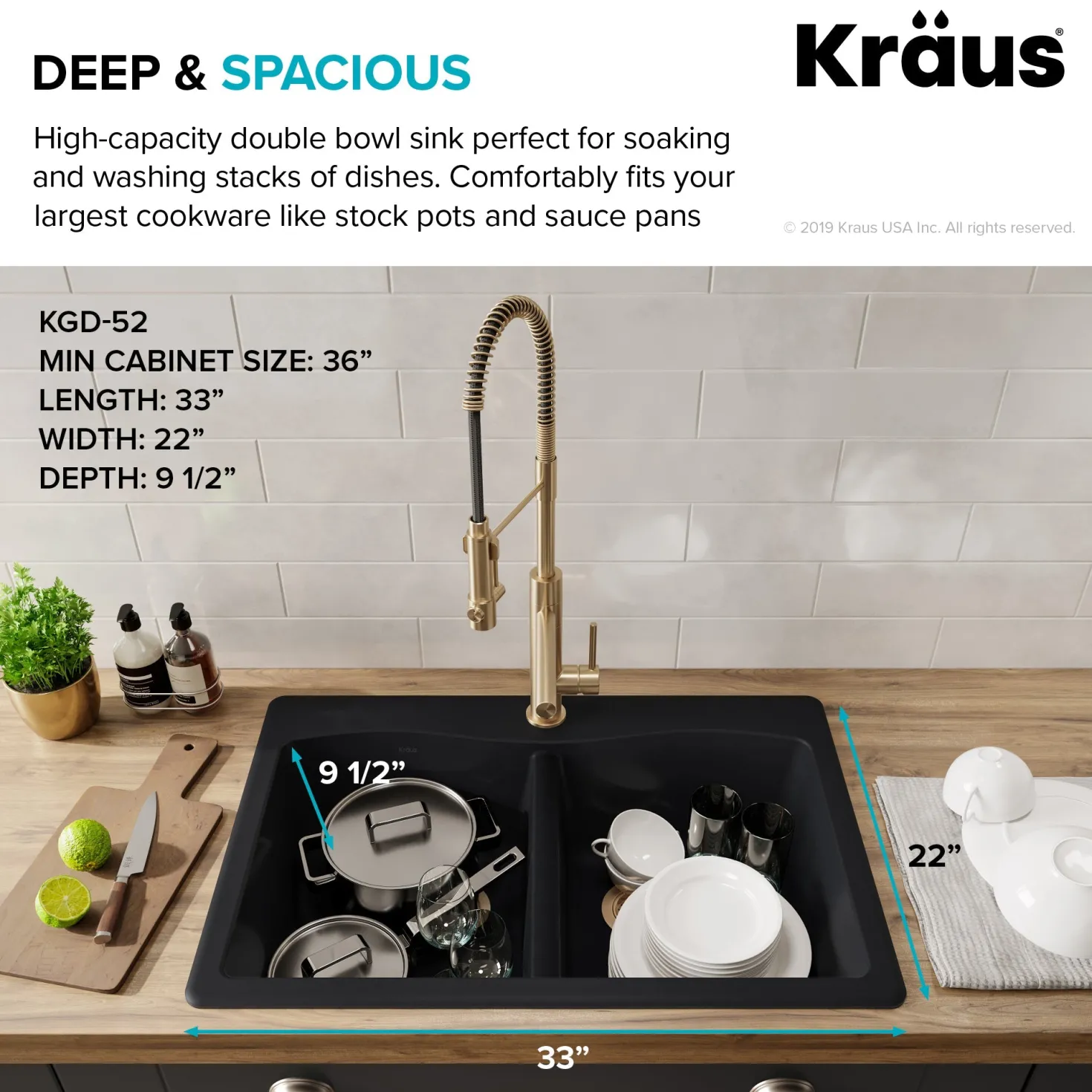 KRAUS Forteza 33" Dual Mount 50/50 Double Bowl Granite Kitchen Sink in Black