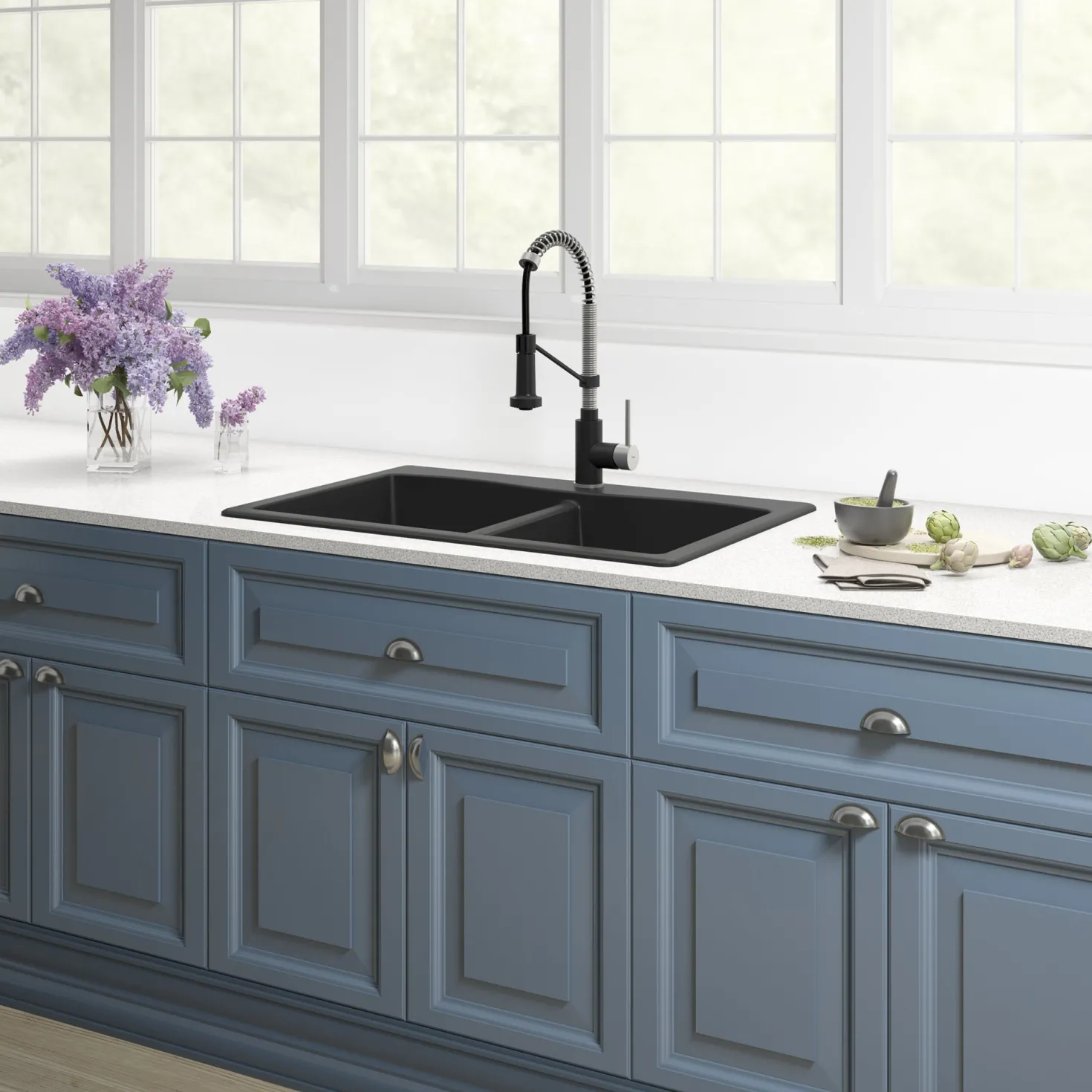 KRAUS Forteza 33" Dual Mount 50/50 Double Bowl Granite Kitchen Sink in Black