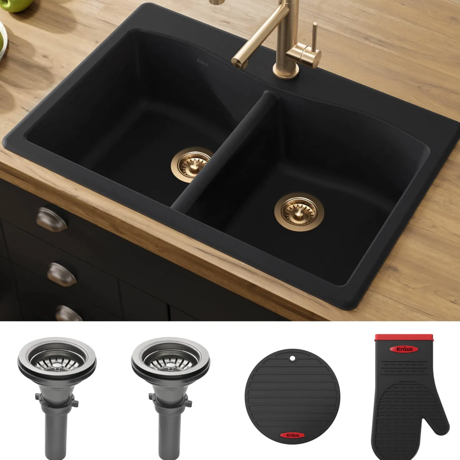 KRAUS Forteza 33" Dual Mount 50/50 Double Bowl Granite Kitchen Sink in Black