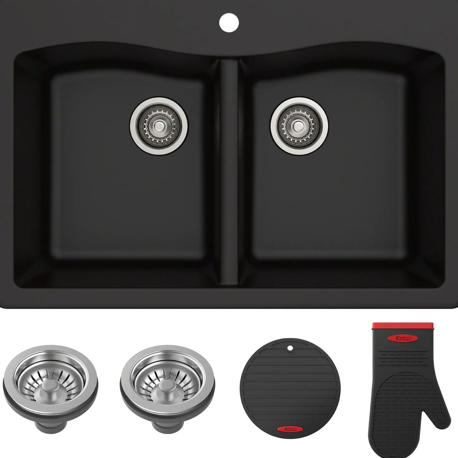 KRAUS Forteza 33" Dual Mount 50/50 Double Bowl Granite Kitchen Sink in Black