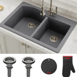KRAUS Forteza 33" Dual Mount 60/40 Double Bowl Granite Kitchen Sink in Grey
