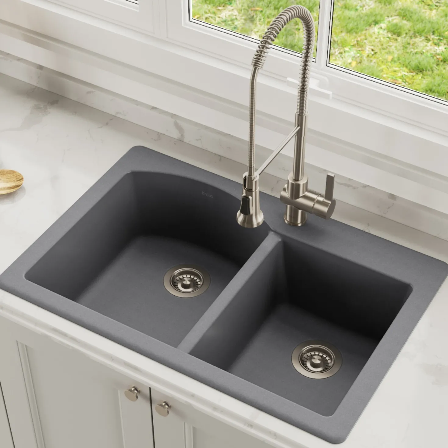 KRAUS Forteza 33" Dual Mount 60/40 Double Bowl Granite Kitchen Sink in Grey