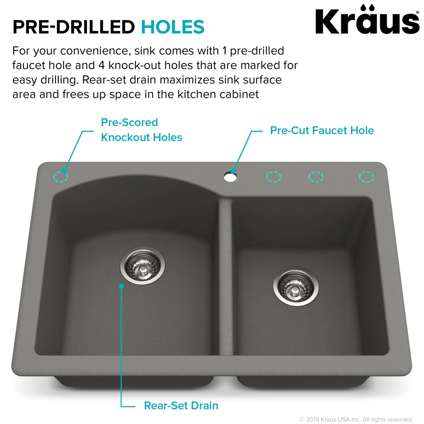 KRAUS Forteza 33" Dual Mount 60/40 Double Bowl Granite Kitchen Sink in Grey