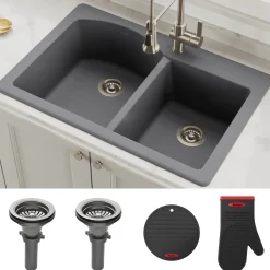 KRAUS Forteza 33" Dual Mount 50/50 Double Bowl Granite Kitchen Sink in Grey
