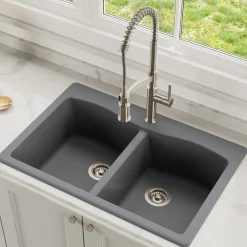 KRAUS Forteza 33" Dual Mount 50/50 Double Bowl Granite Kitchen Sink in Grey