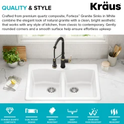 KRAUS Forteza 33” Granite Drop-In or Undermount 50/50 Double Bowl White Kitchen Sink