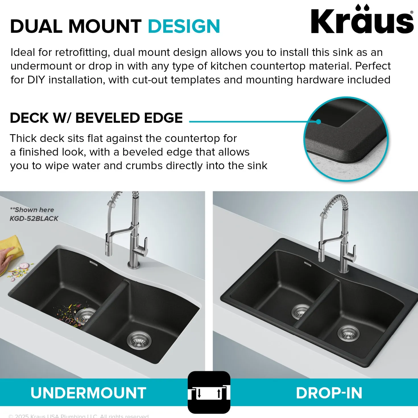 KRAUS Forteza 33” Granite Drop-In or Undermount 50/50 Double Bowl White Kitchen Sink
