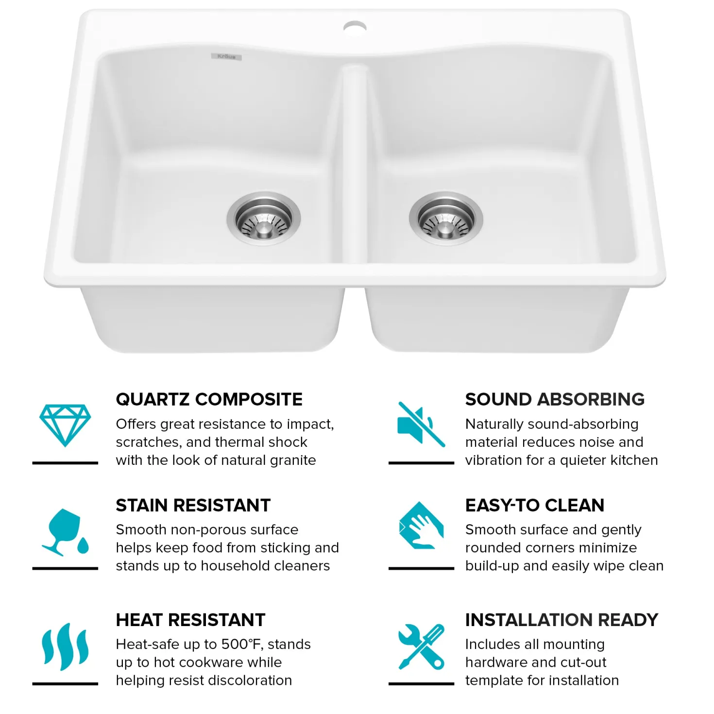 KRAUS Forteza 33” Granite Drop-In or Undermount 50/50 Double Bowl White Kitchen Sink
