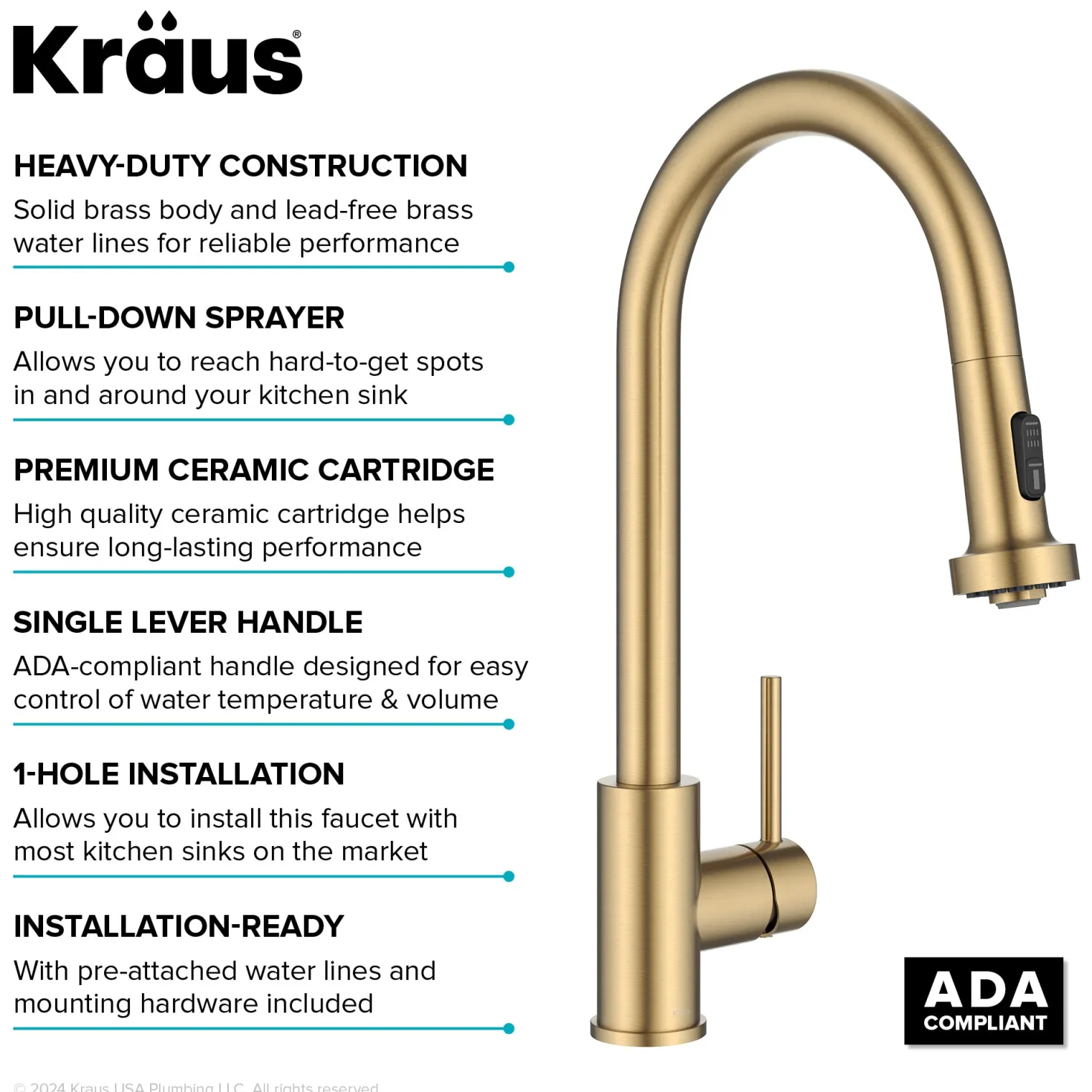 KRAUS 2-Function Single Handle Pull Down Kitchen Faucet in Spot-Free Brushed Brass