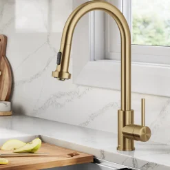 KRAUS 2-Function Single Handle Pull Down Kitchen Faucet in Spot-Free Brushed Brass