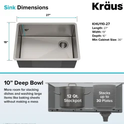 KRAUS 27" 16 Gauge Undermount Single Bowl Stainless Steel Kitchen Sink with Off Center Drain