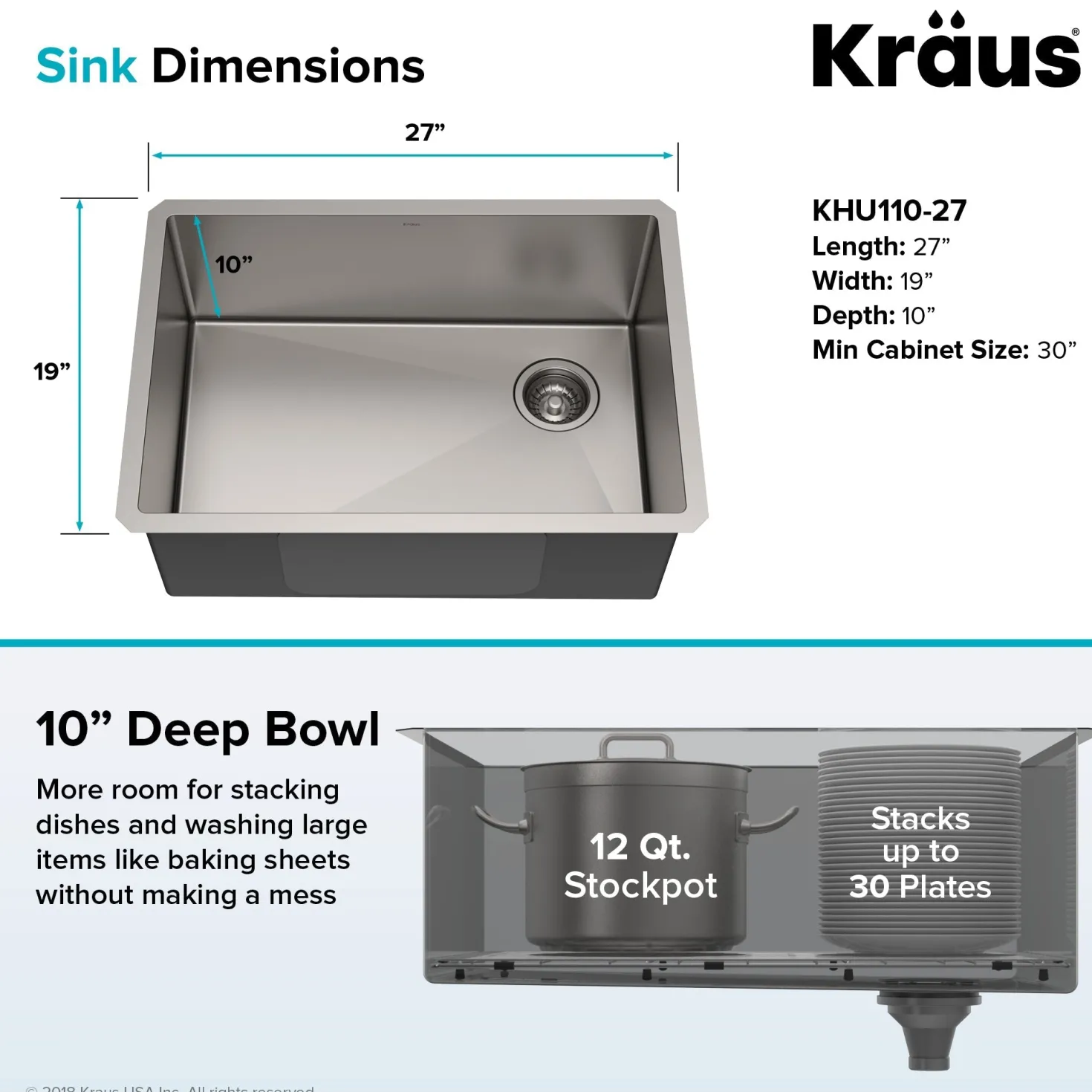 KRAUS 27" 16 Gauge Undermount Single Bowl Stainless Steel Kitchen Sink with Off Center Drain