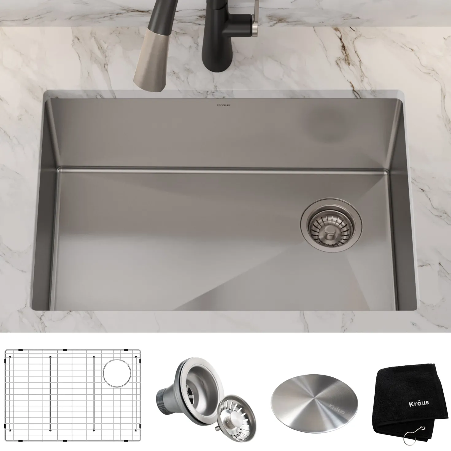 KRAUS 27" 16 Gauge Undermount Single Bowl Stainless Steel Kitchen Sink with Off Center Drain