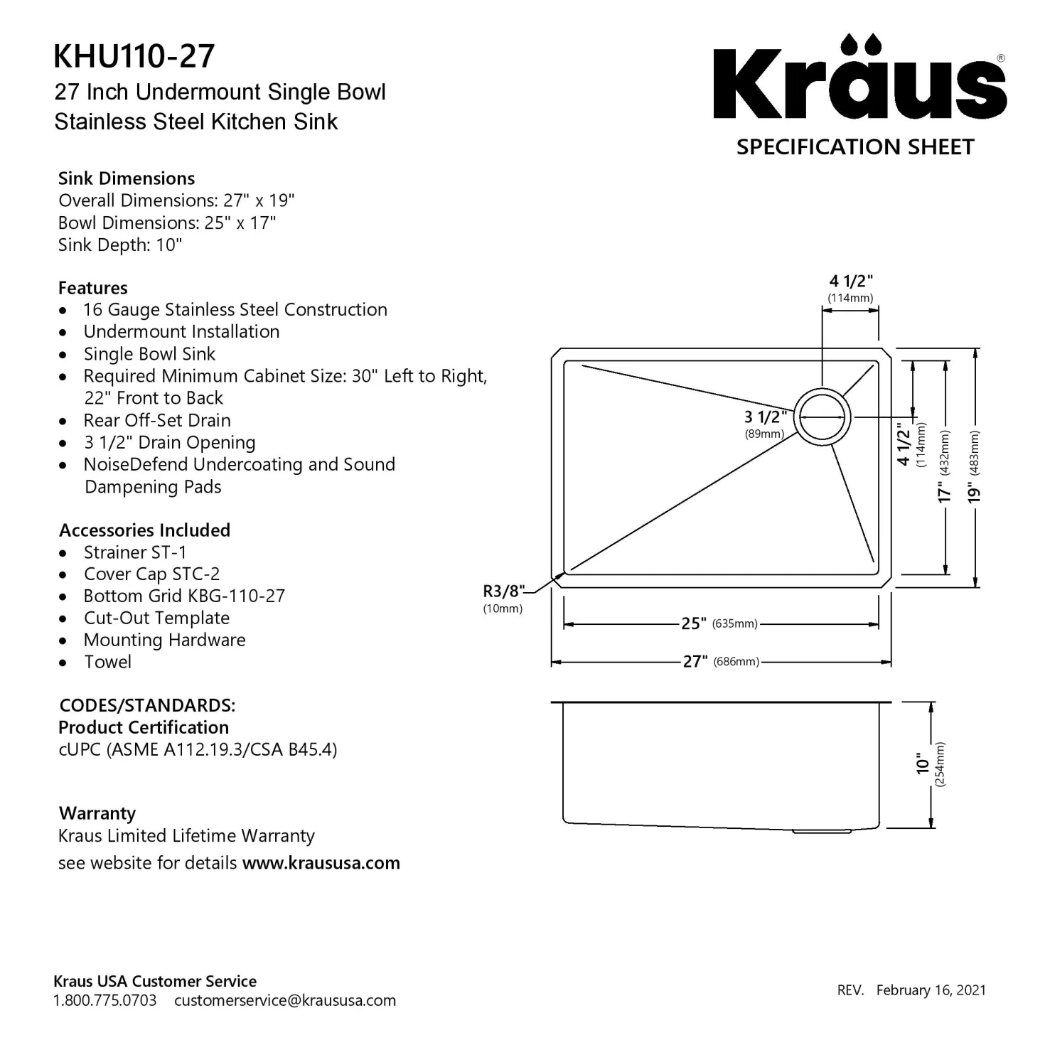 KRAUS 27" 16 Gauge Undermount Single Bowl Stainless Steel Kitchen Sink with Off Center Drain