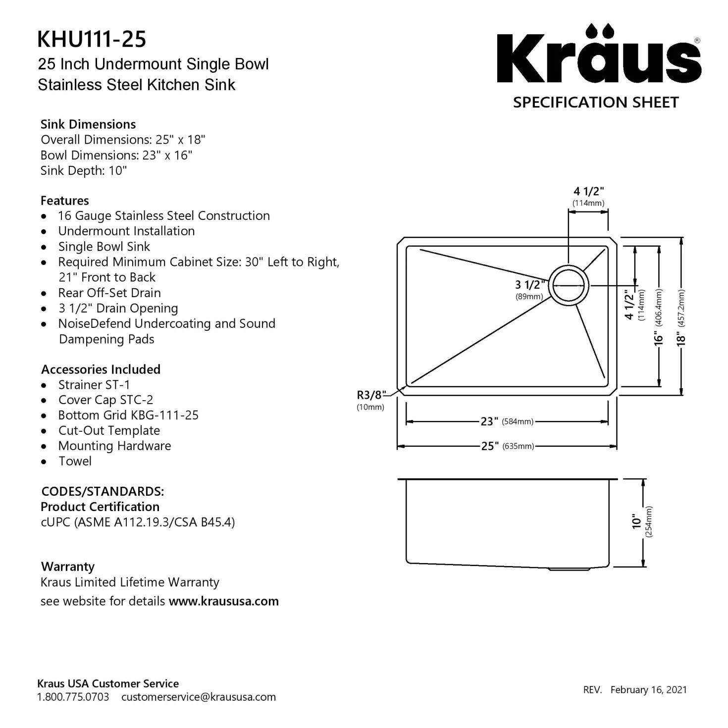 KRAUS 25" 16 Gauge Undermount Single Bowl Stainless Steel Kitchen Sink with Off Center Drain