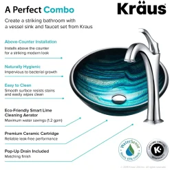 KRAUS 17-Inch Blue Glass Nature Series Bathroom Vessel Sink and Arlo Faucet Combo Set with Pop-Up Drain