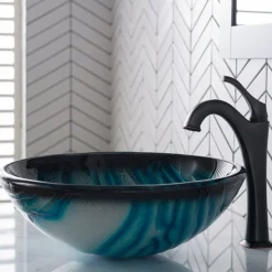 KRAUS 17-Inch Blue Glass Nature Series Bathroom Vessel Sink and Arlo Faucet Combo Set with Pop-Up Drain