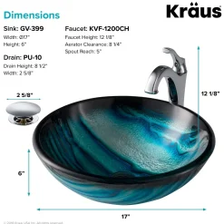 KRAUS 17-Inch Blue Glass Nature Series Bathroom Vessel Sink and Arlo Faucet Combo Set with Pop-Up Drain