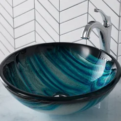 KRAUS 17-Inch Blue Glass Nature Series Bathroom Vessel Sink and Arlo Faucet Combo Set with Pop-Up Drain