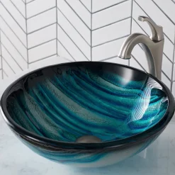 KRAUS 17-Inch Blue Glass Nature Series Bathroom Vessel Sink and Arlo Faucet Combo Set with Pop-Up Drain