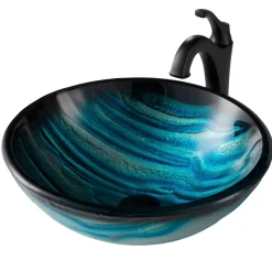 KRAUS 17-Inch Blue Glass Nature Series Bathroom Vessel Sink and Arlo Faucet Combo Set with Pop-Up Drain