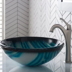 KRAUS 17-Inch Blue Glass Nature Series Bathroom Vessel Sink and Arlo Faucet Combo Set with Pop-Up Drain